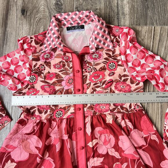Dalia MacPhee Collared Shirt Dress Womens Red Pink Geo Floral missing Belt #148 - Picture 2 of 15